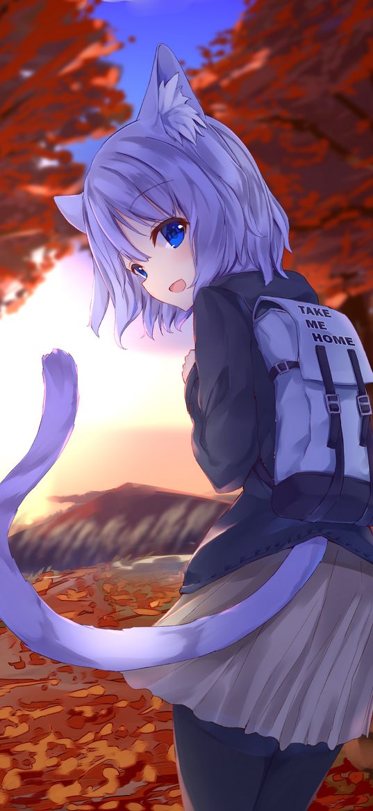 girl, neko, tail, backpack, anime