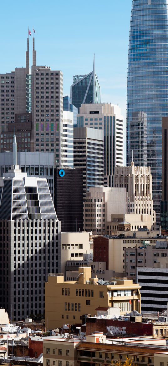 skyscrapers, buildings, architecture, flags, city