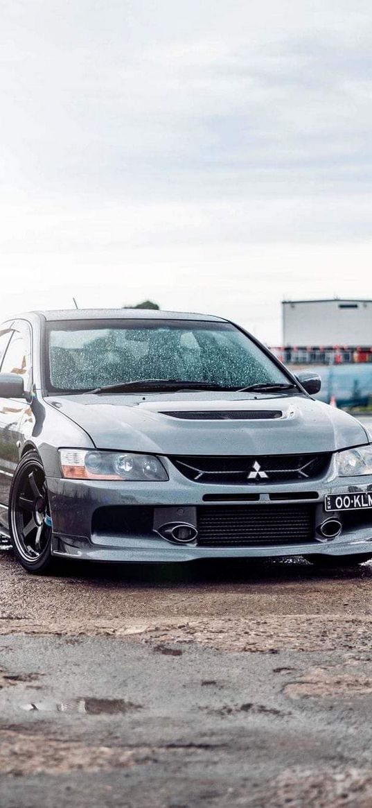 mitsubishi, car, rain, silver