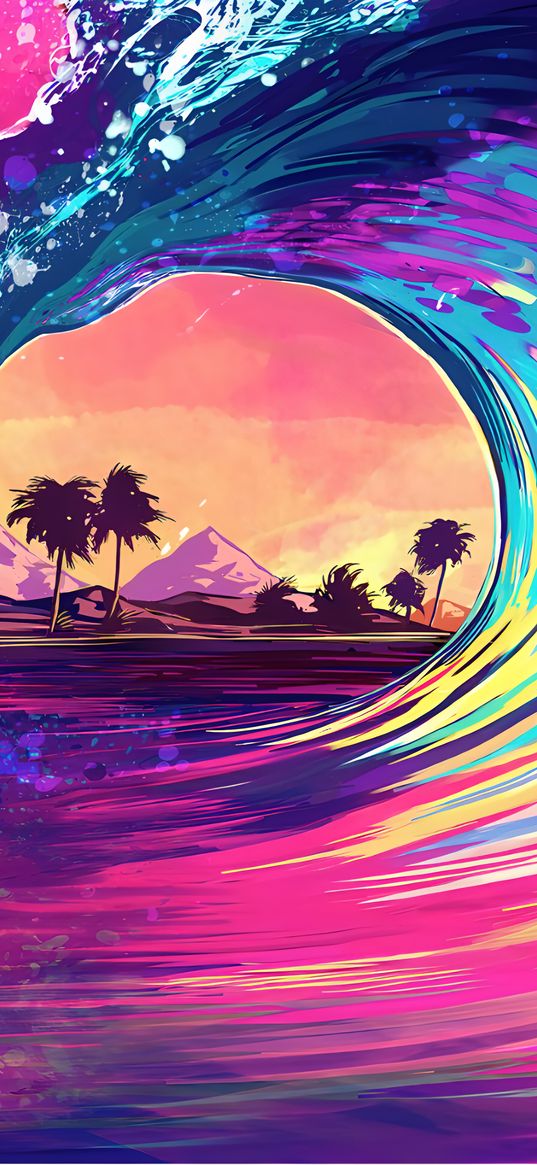 wave, beach, palms, pink, blue, art