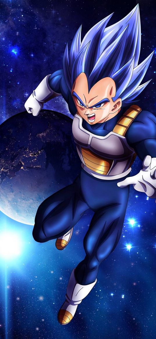 vegeta, dragon ball, anime, fighter, planet, cosmos, stars, evil, blue, art