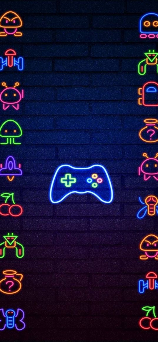 joystick, video games, neon, wall