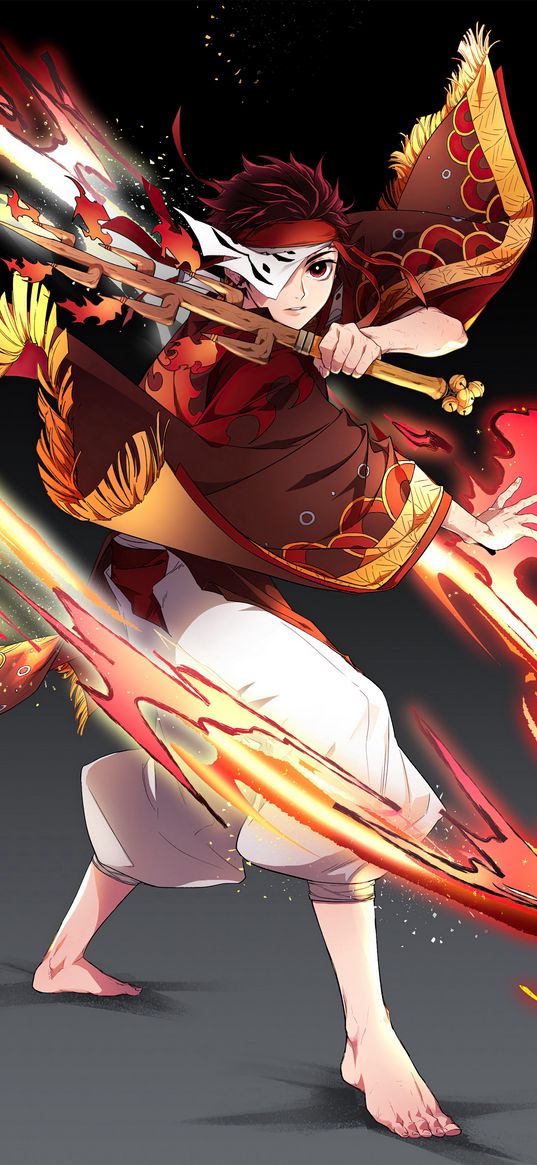 demon slayer, tanjiro, fire, blade, anime, art