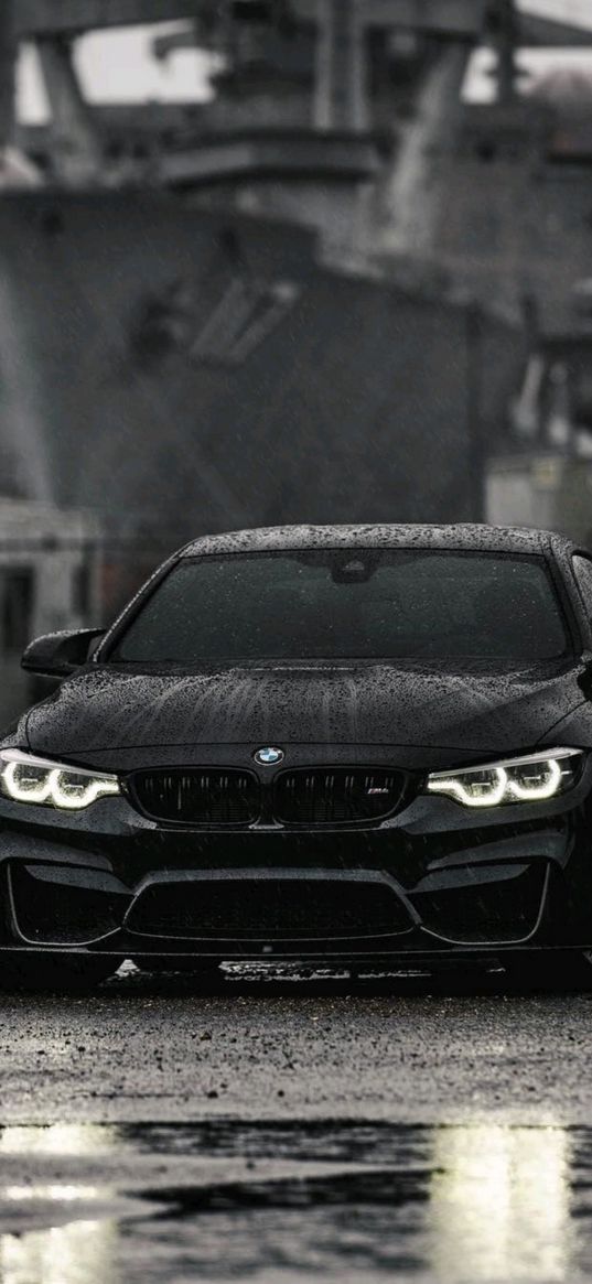 bmw, car, black, rain, front view