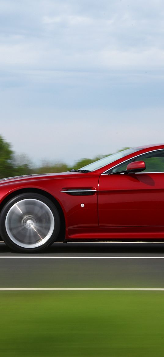 aston martin, v12, zagato, red, side view, cars, speed, nature