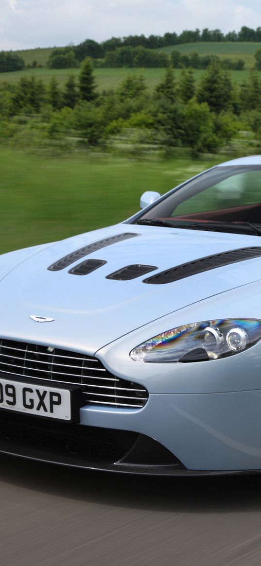 aston martin, v12, zagato, 2009, front view, metallic blue, speed, style, cars, nature