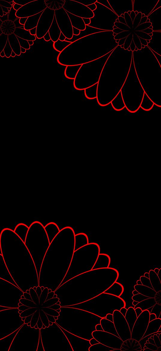 flowers, black, amoled, red, lines, art