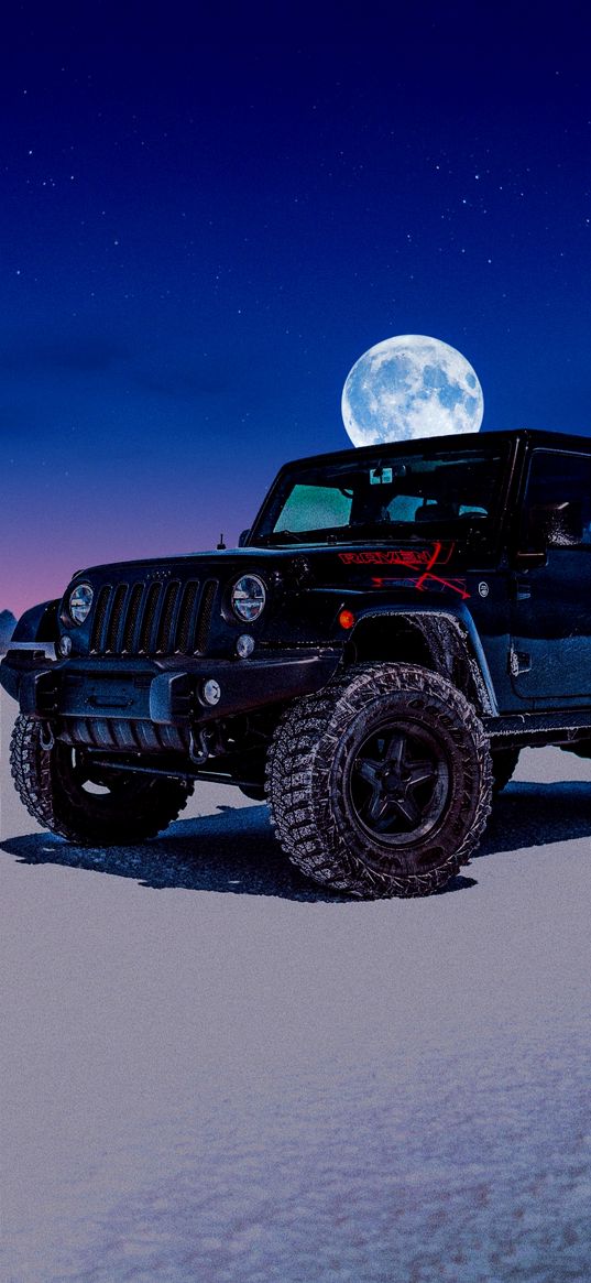 jeep wrangler, car, black, moon, sky