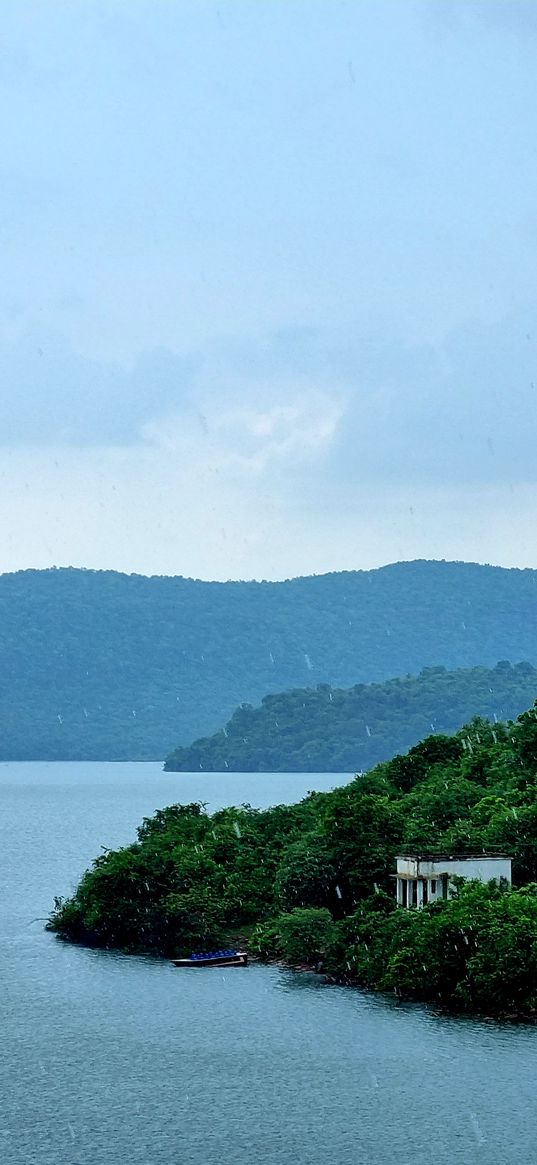 lake, water, dam, green, sky, rain, mountain, landscape