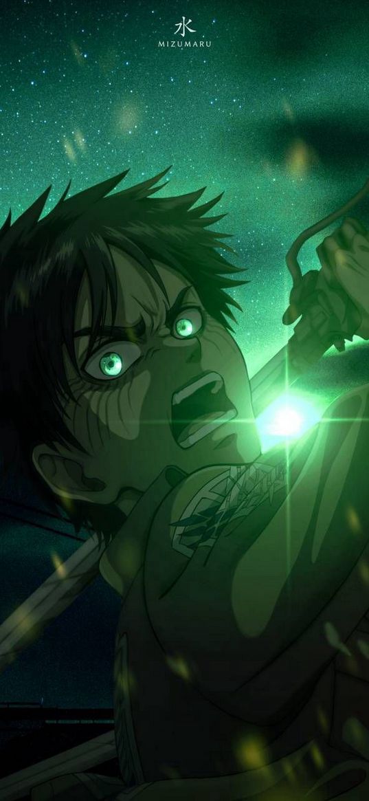 anime, attack on titan, eren, character, green