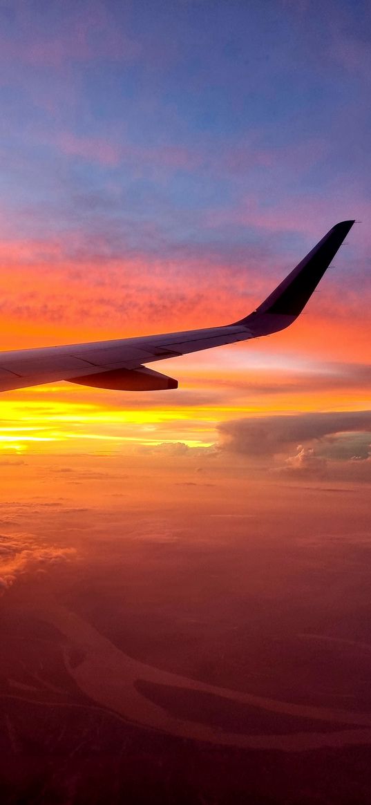 wings, plane, sunset, flight, sky, view from the porthole, travel