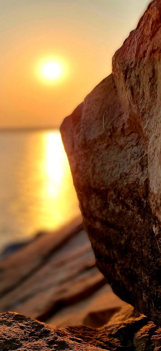 rocks, heat, sun, sunset, reflection, water, lake, sky, nature, landscape