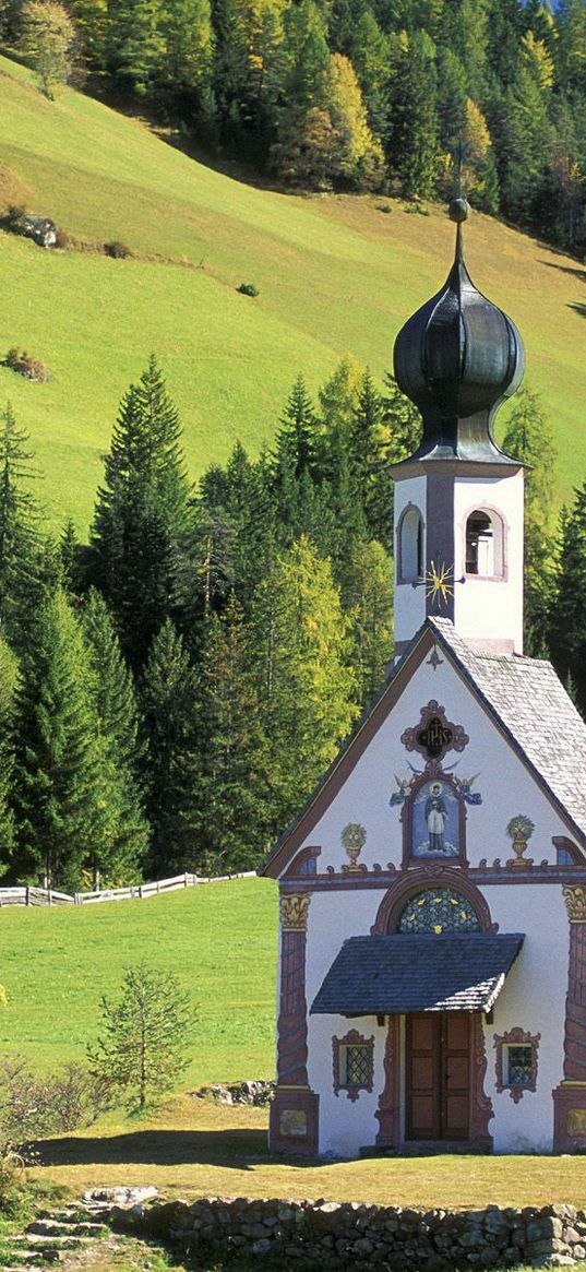 chapel, dome, mountains, slopes, trees