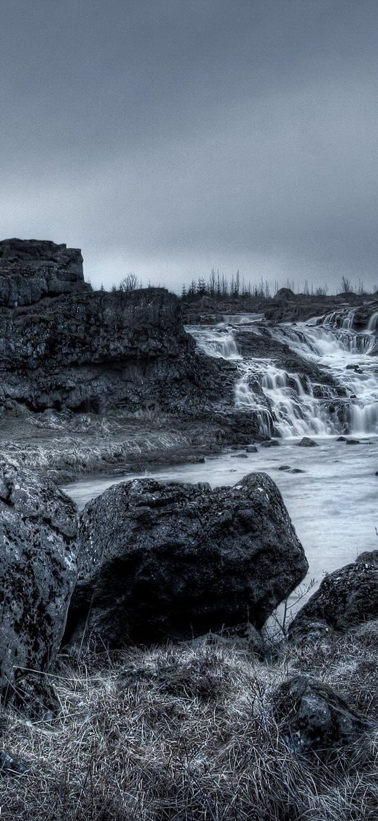 stones, falls, evening, lake, black-and-white