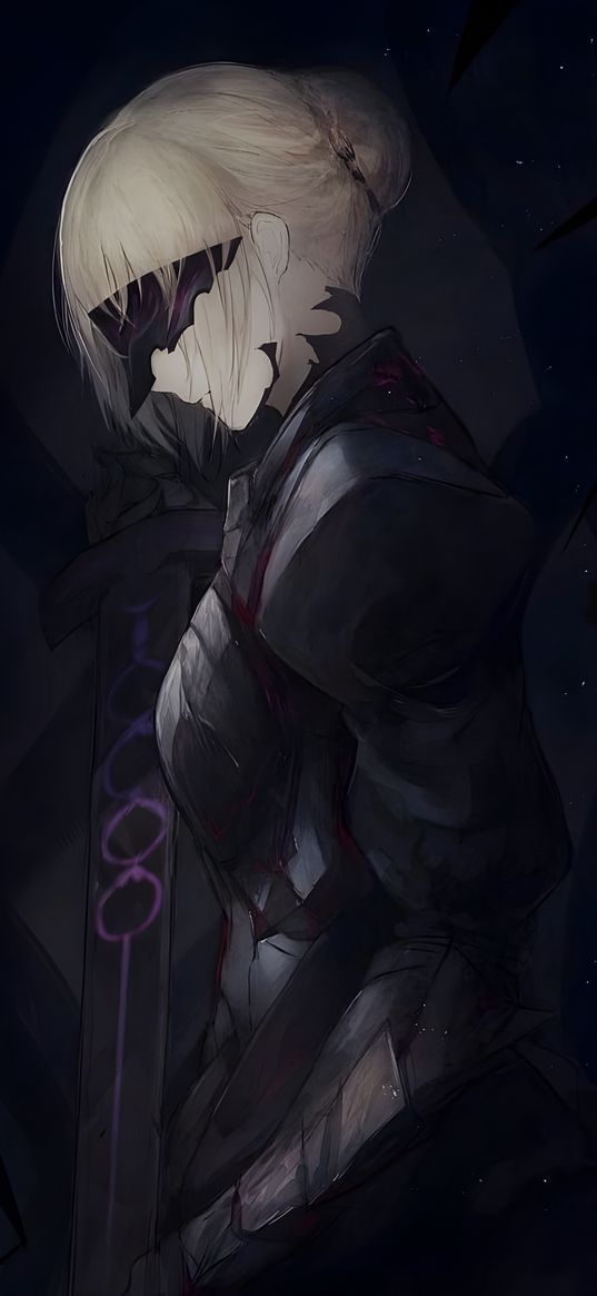 saber alter, fate stay night, anime, girl, bandage, sword, armor, art