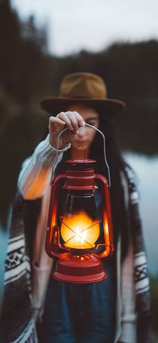 girl, lamp, hat, plaid, river, forest, loneliness