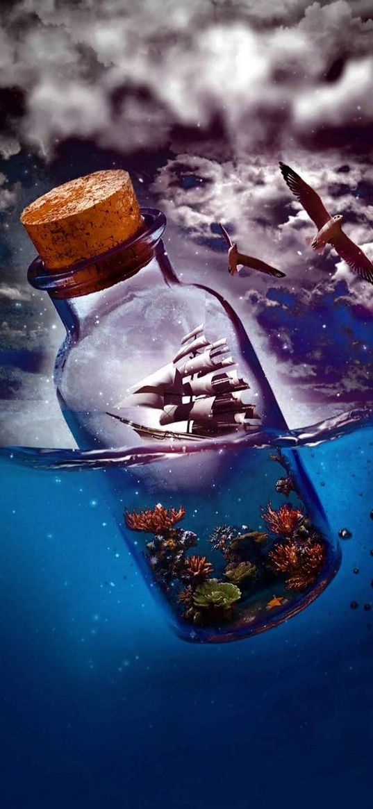 bottle, ship, sea, seagulls, clouds, sky