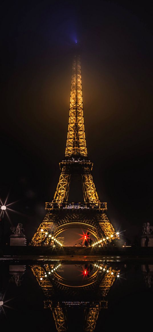 eiffel tower, paris, night, lights, reflection