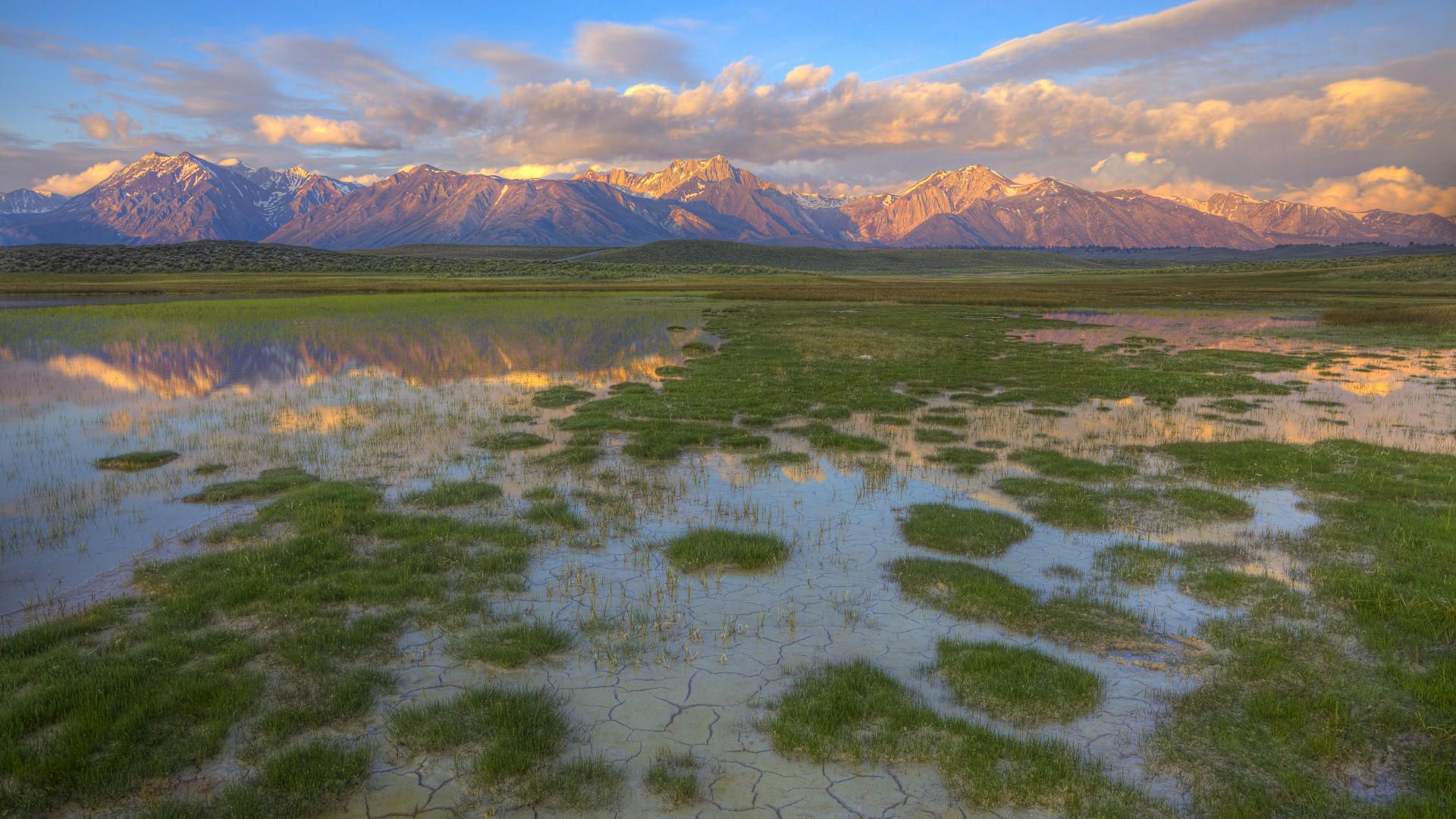 mountains, river, vegetation, evening, bottom, cracks