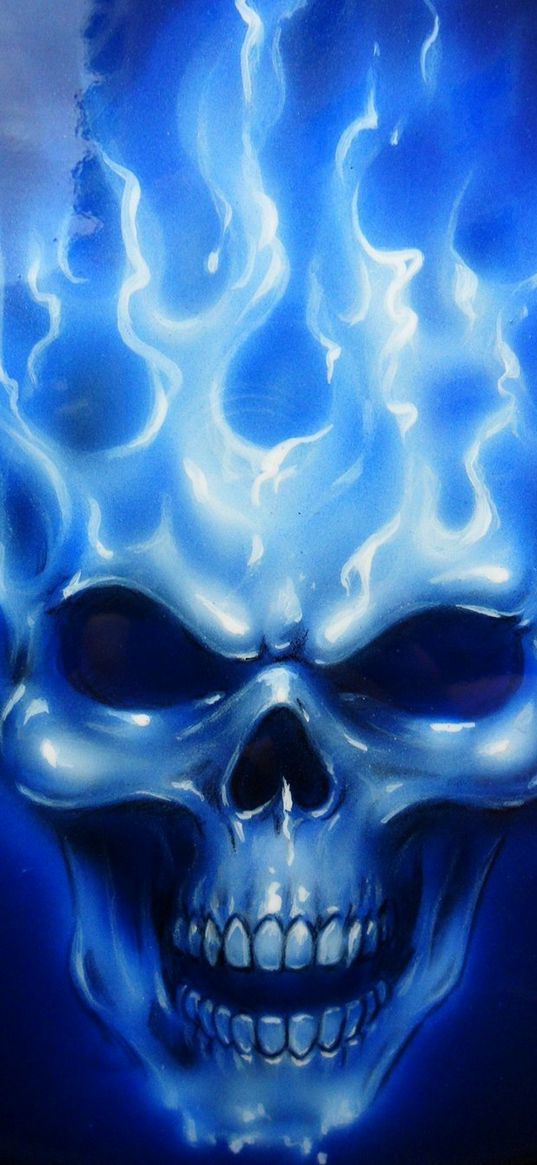 skull, flame, fire, blue, art