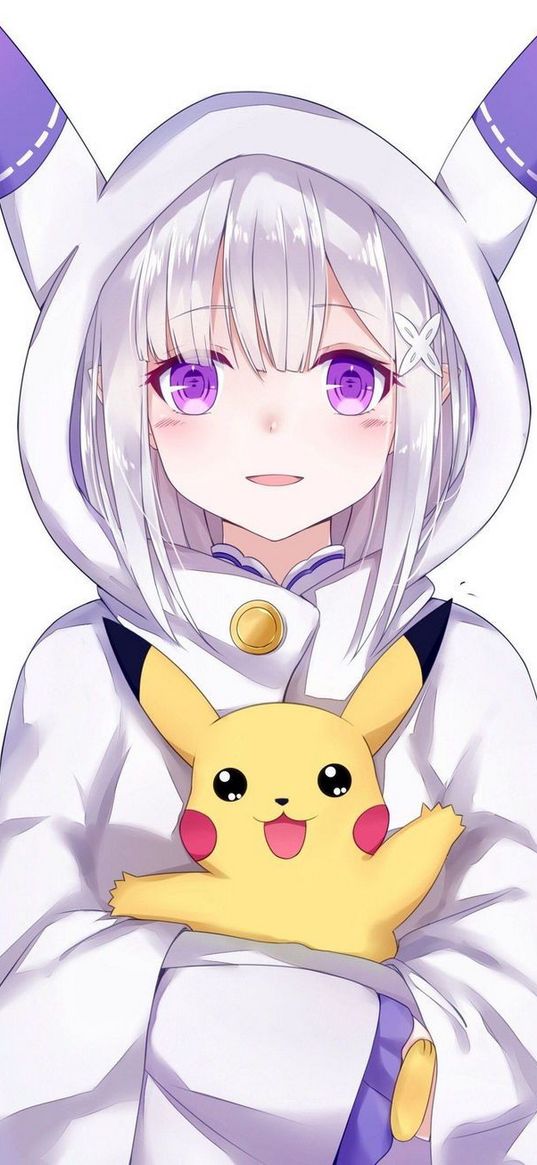 emilia, pikachu, re zero, pokemon, anime, girl, ears, art, white background