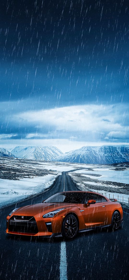 nissan gtr, nissan, sports car, car, orange, road, mountains, rain