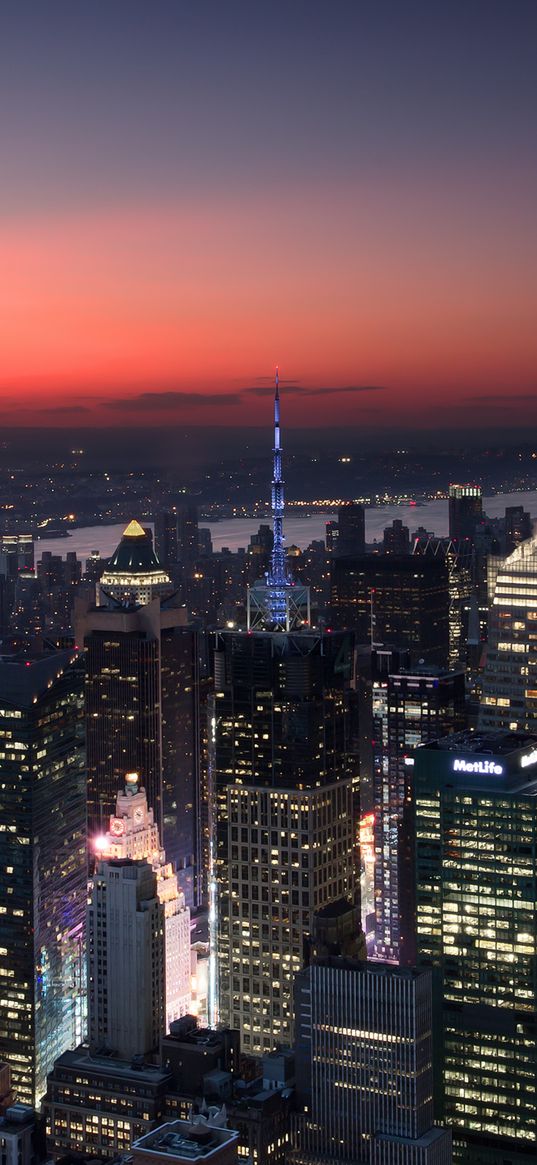 skyscrapers, buildings, streets, city, river, sunset, evening