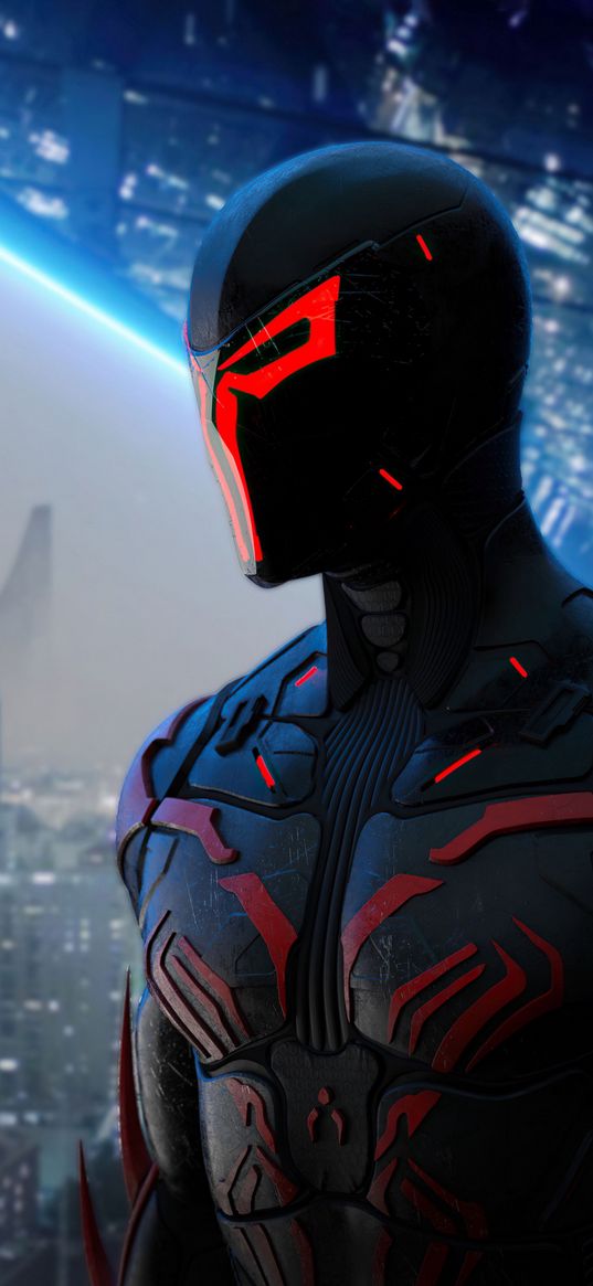 spiderman, spider-man, 2099, superhero, red, black, city, future, art