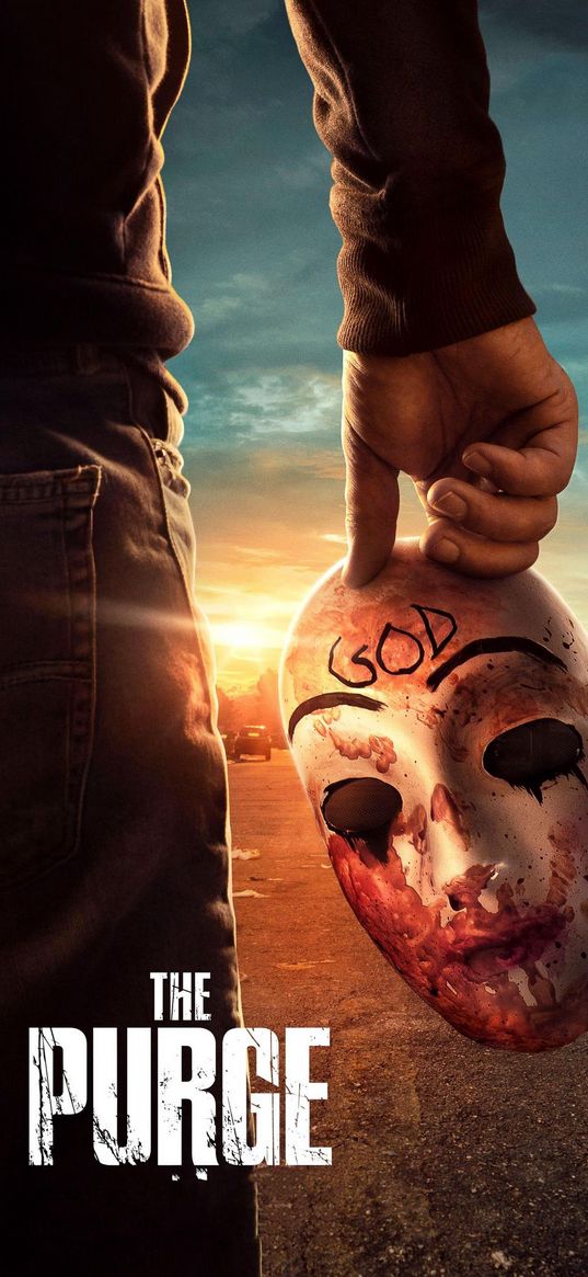 the purge, tv series, man, mask, god, road, sunset, poster