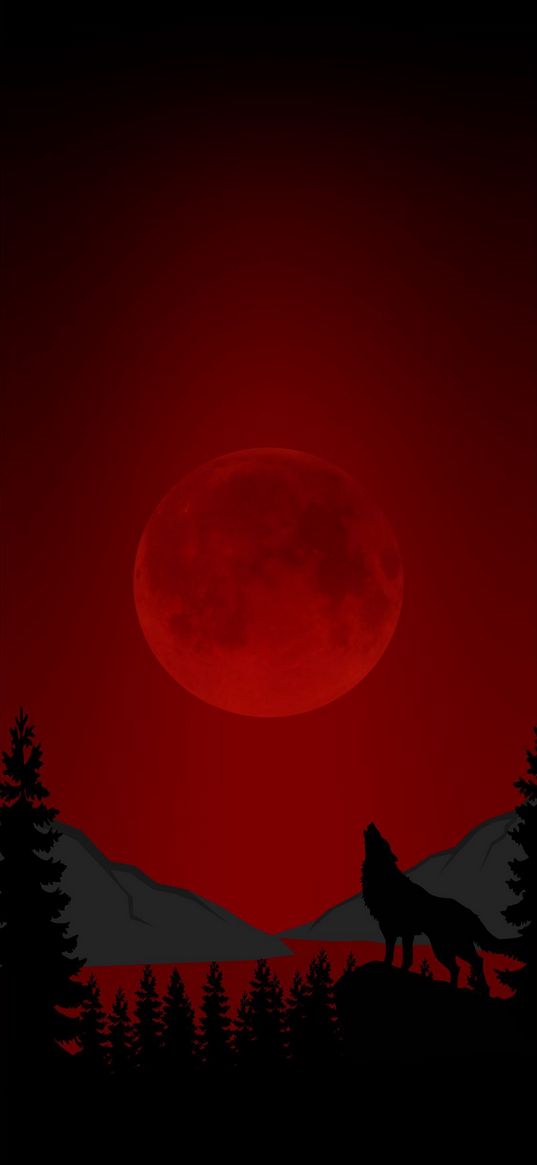 moon, wolf, christmas trees, silhouette, forest, mountains, red, art