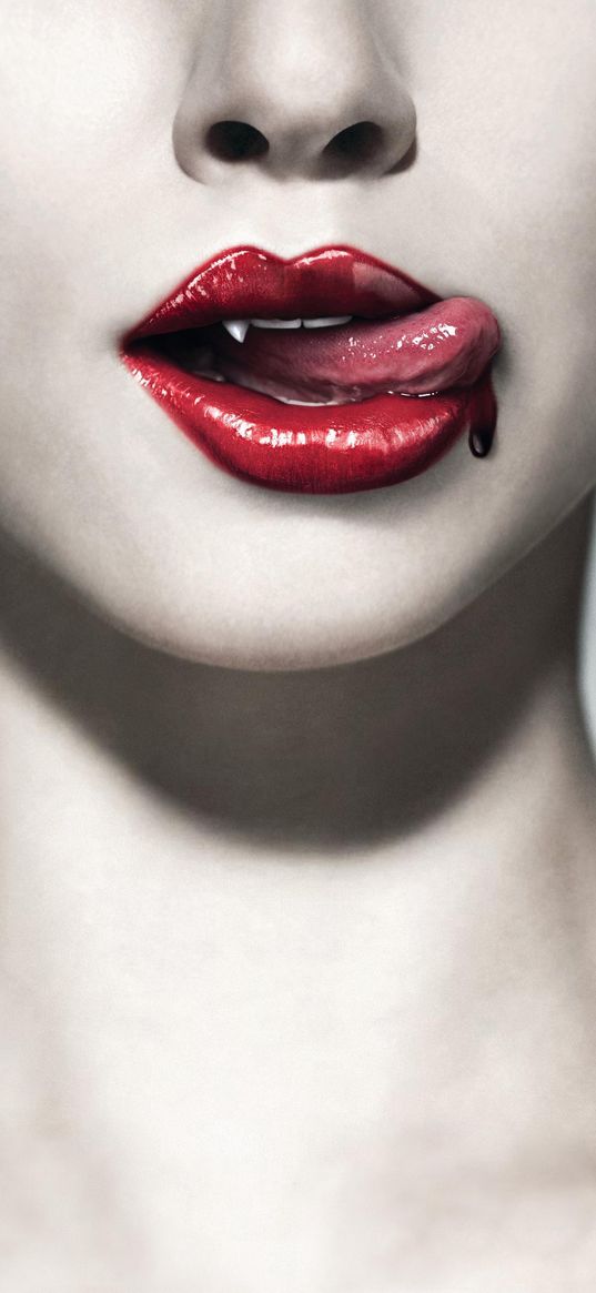 vampire, girl, face, lips, fangs, tongue, blood, red