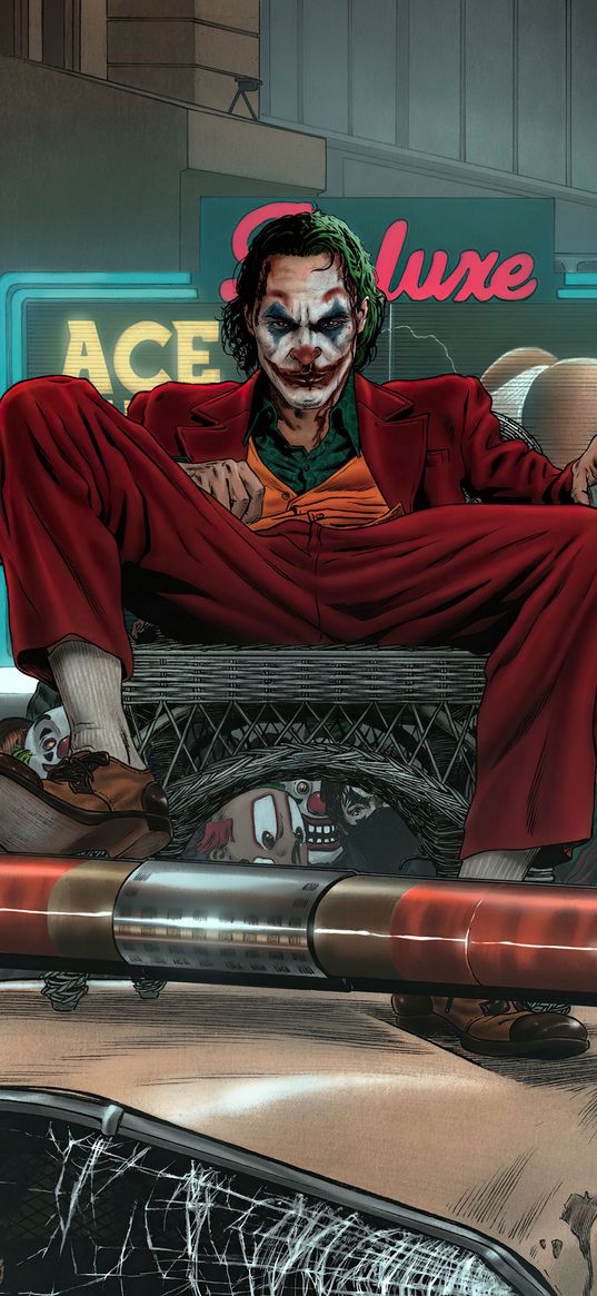 joker, villain, dc, clown, makeup, chair, police car, art