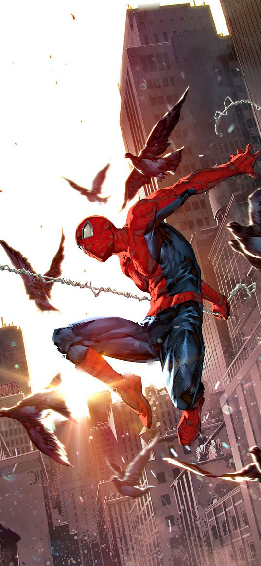 spiderman, spider-man, superhero, marvel, pigeons, spider web, jump, skyscrapers, city, art