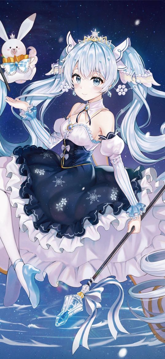 snow miku, miku hatsune, vocaloid, girl, long hair, dress, rabbit, staff, art