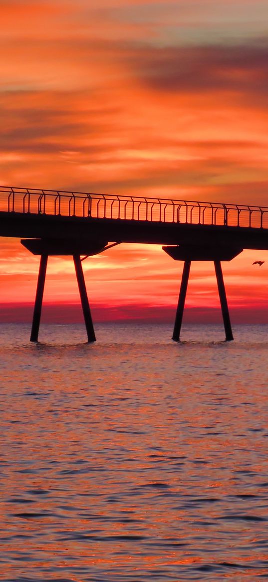 bridge, pilings, sea, sunset, nature