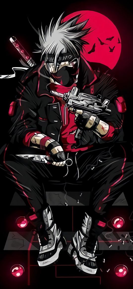 kakashi hatake, naruto, anime, weapon, sport style, red, black, art