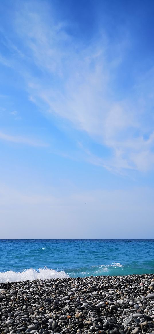 sea, summer, water, sky, blue, shore, wave, pebbles, stones