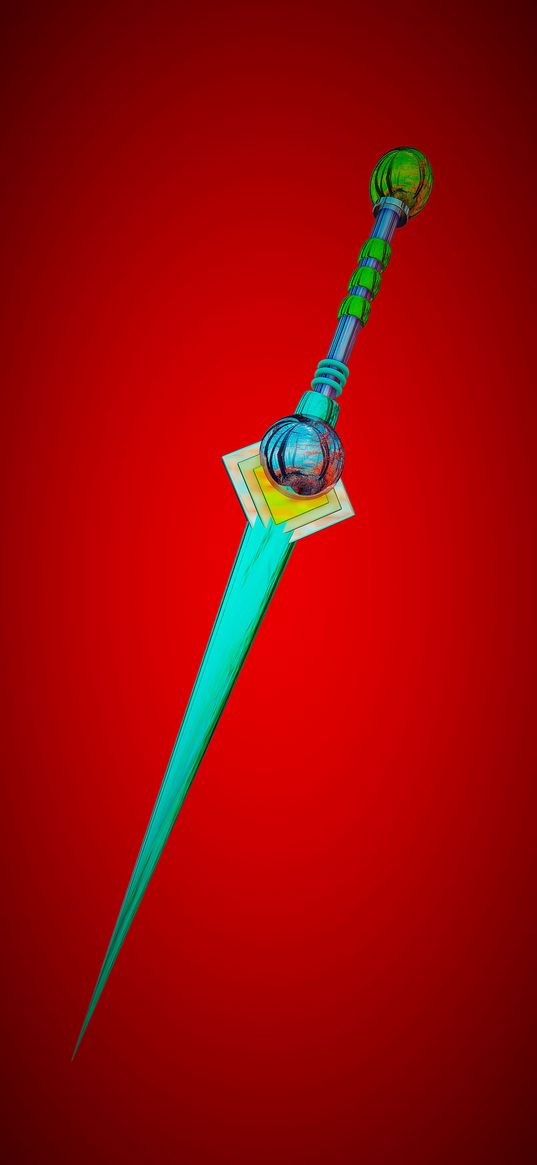 eletric blue, sword of nature, green, blade, red background