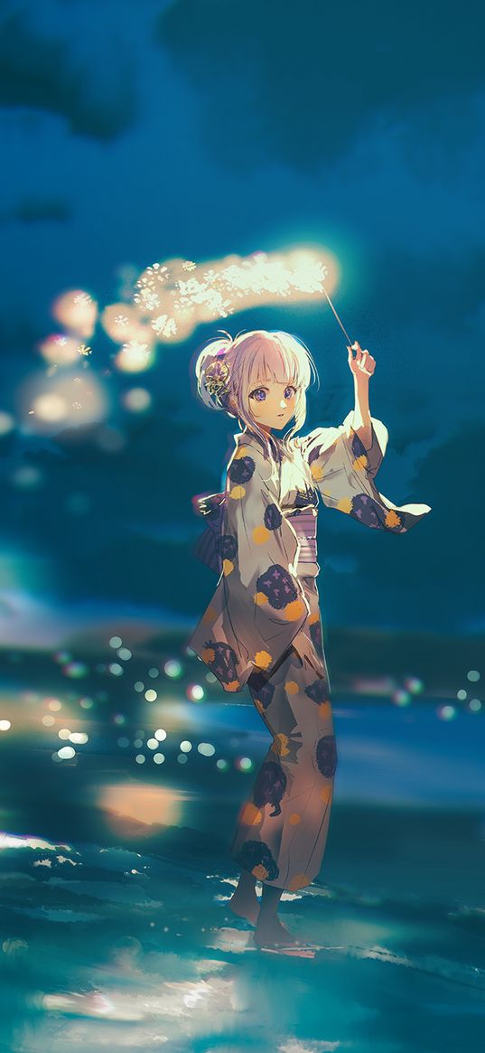 anime, girl, sea, firework