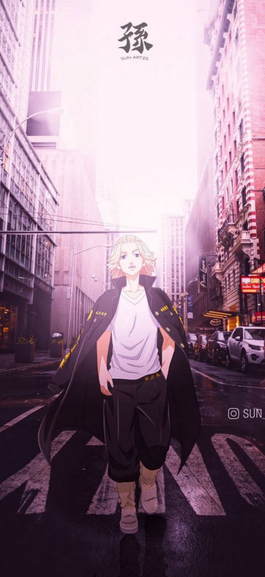 mikey manjiro, tokyo revengers, anime, boy, city, art