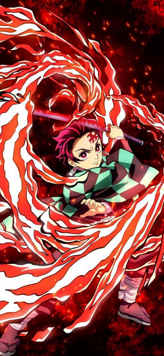 tanjiro kamado, demon slayer, anime, fire, sword