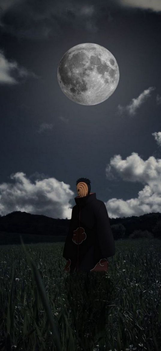 obito uchiha, naruto, anime, akatsuki, moon, field, art