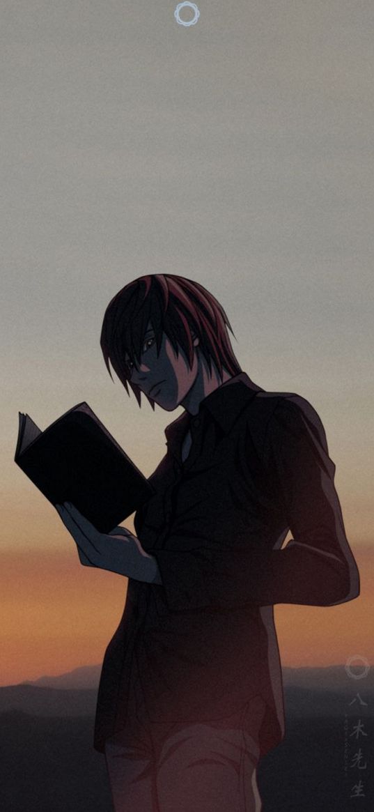 light yagami, death note, anime, notebook, sunset, black, art