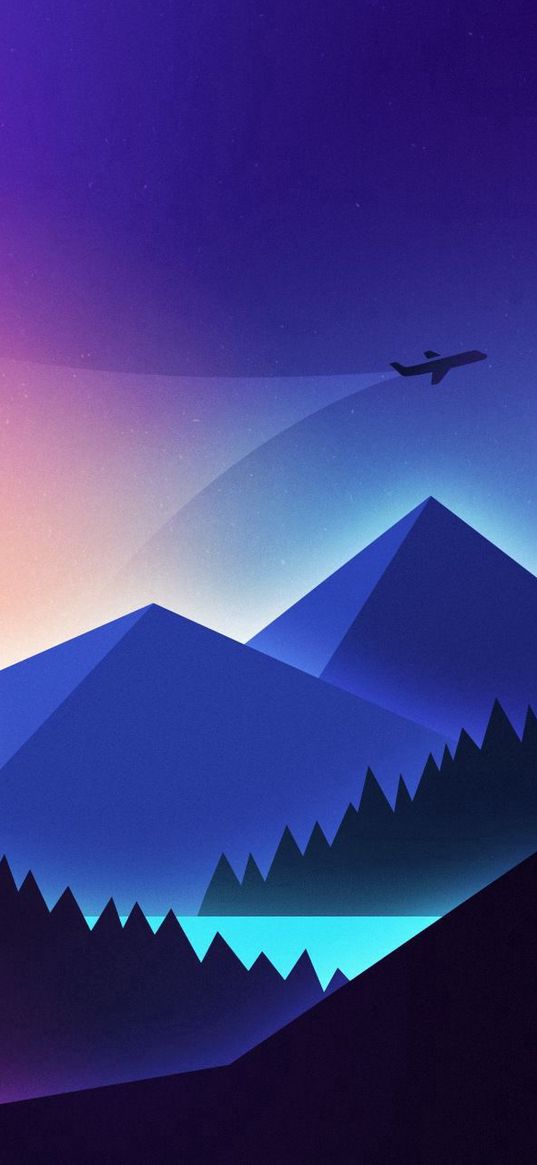 mountains, sky, airplane, blue, art