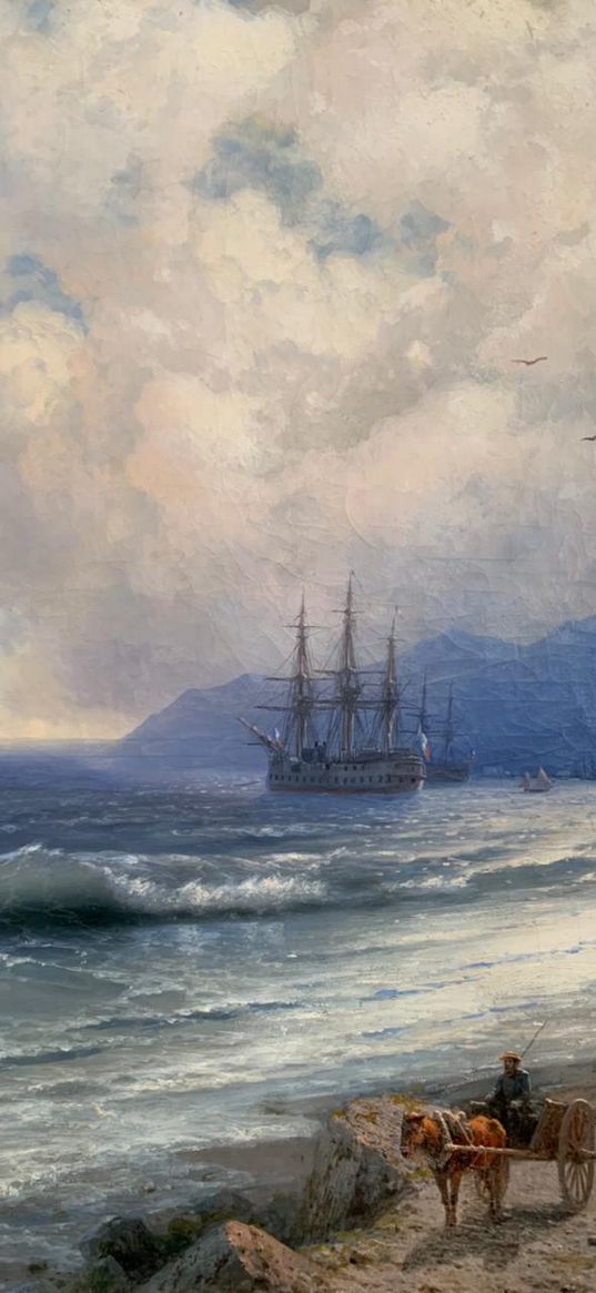 tide, painting, ivan aivazovsky, blue sky, sea, ship, cart