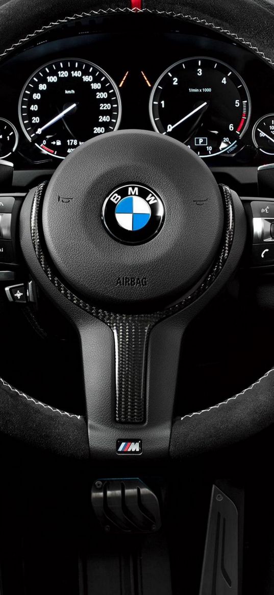 bmw m4, bmw, car, steering wheel, speedometer, interior, black