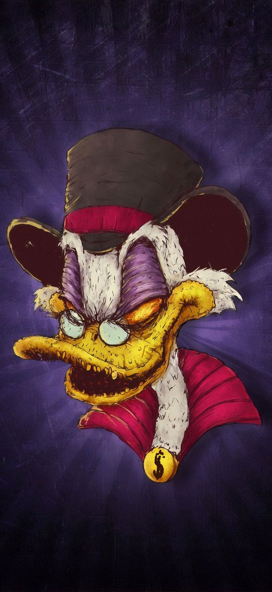 scrooge mcduck, character, duck, cartoon, disney, scary, glasses, top hat, drawing, art