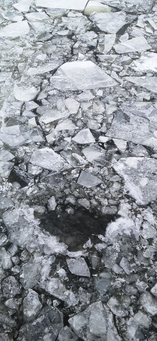 ice, ice hole, ice floes, debris, river