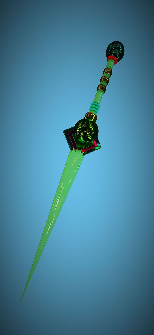 sword, saber, green, blue background, digital art