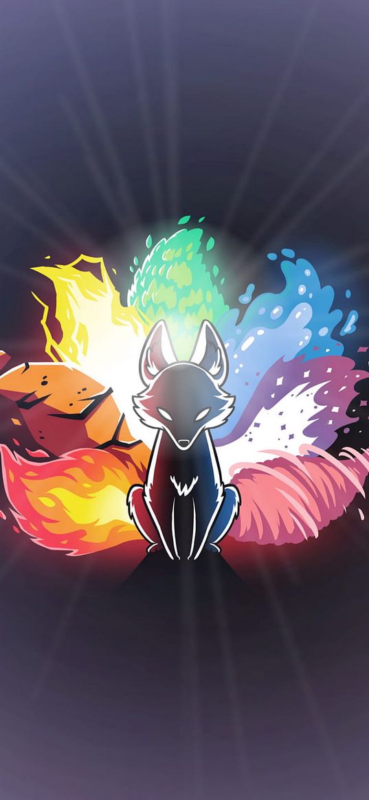 kitsune, fox, tails, multicolored, art